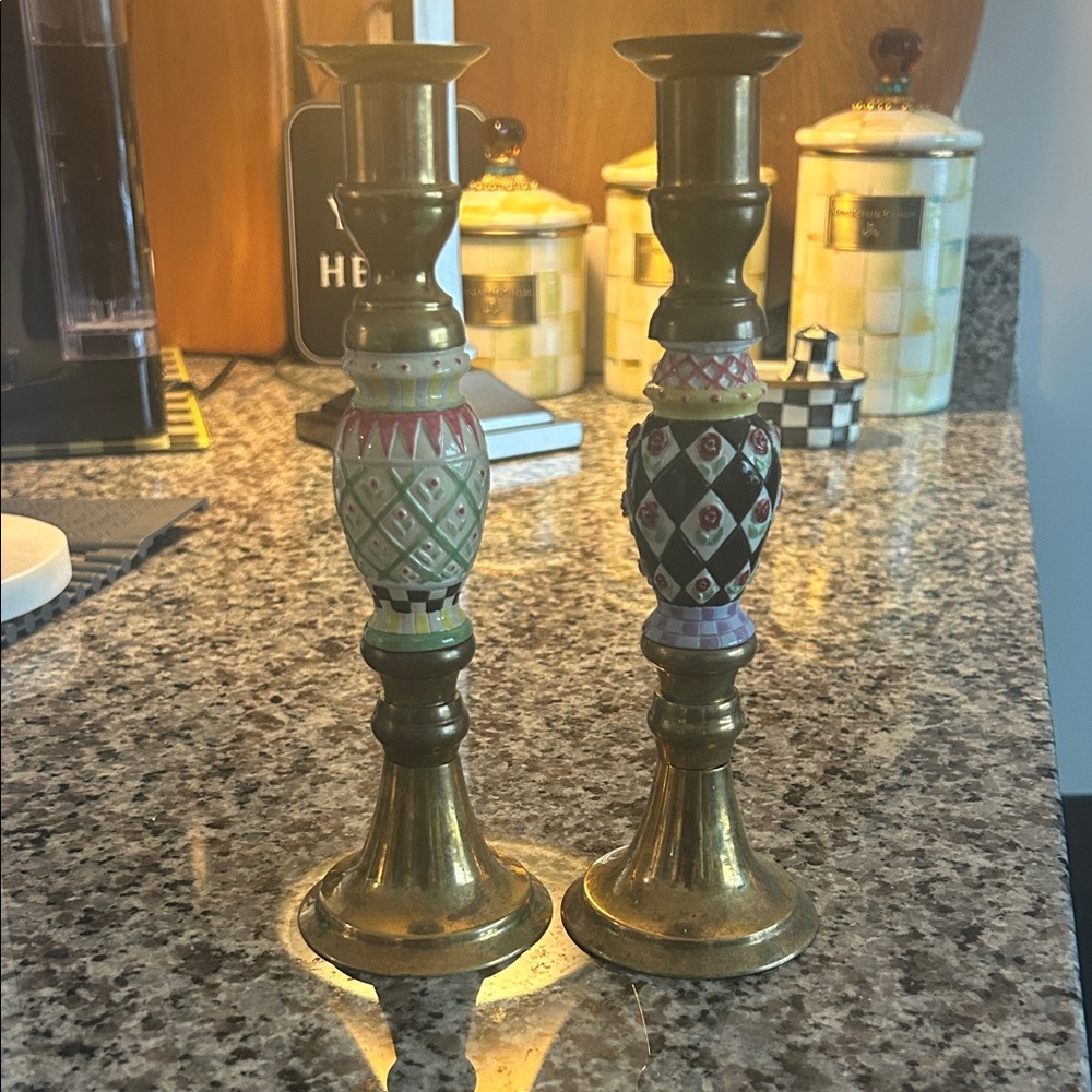 Elegant Brass and Multicolor Pair (2) Candle Holders